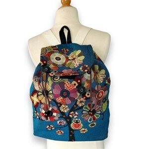 FLORAL owl embroidered stitching design blue‎ cotton fabric Backpack